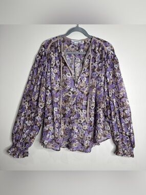 NWOT Sabina Musayev Purple Semi-sheer Crinkle Balloon Sleeve Boho Blouse Medium